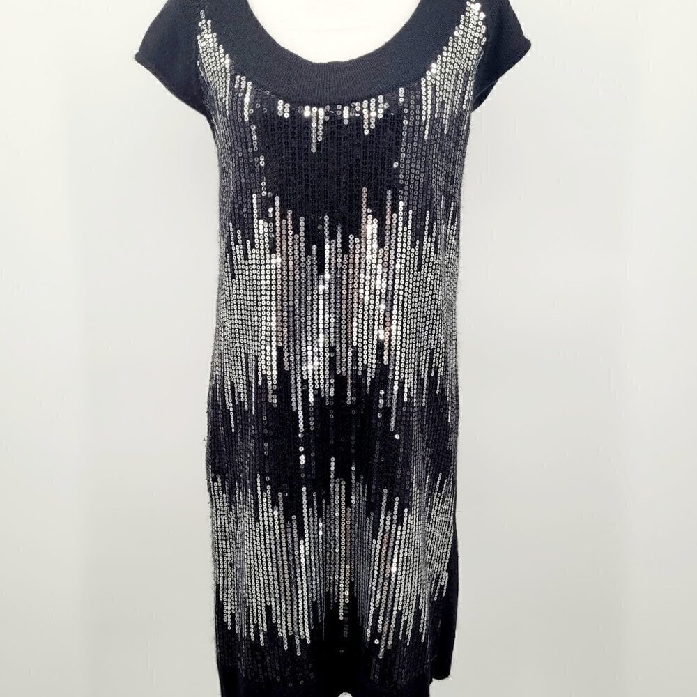 Lapis Angora/Wool Blend Sweater Dress With Black & Silver Waterfall Sequins